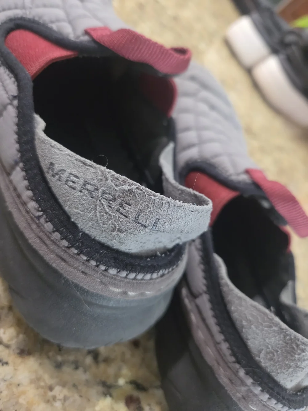 Merrell Quilted Hut Moc Slip-On Shoes in Gray and Red